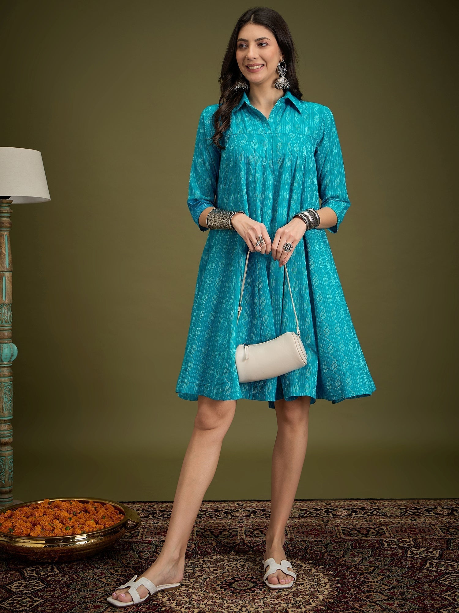 InWeave Cyan Blue Ikkat Kantha Collar Flared Dress 