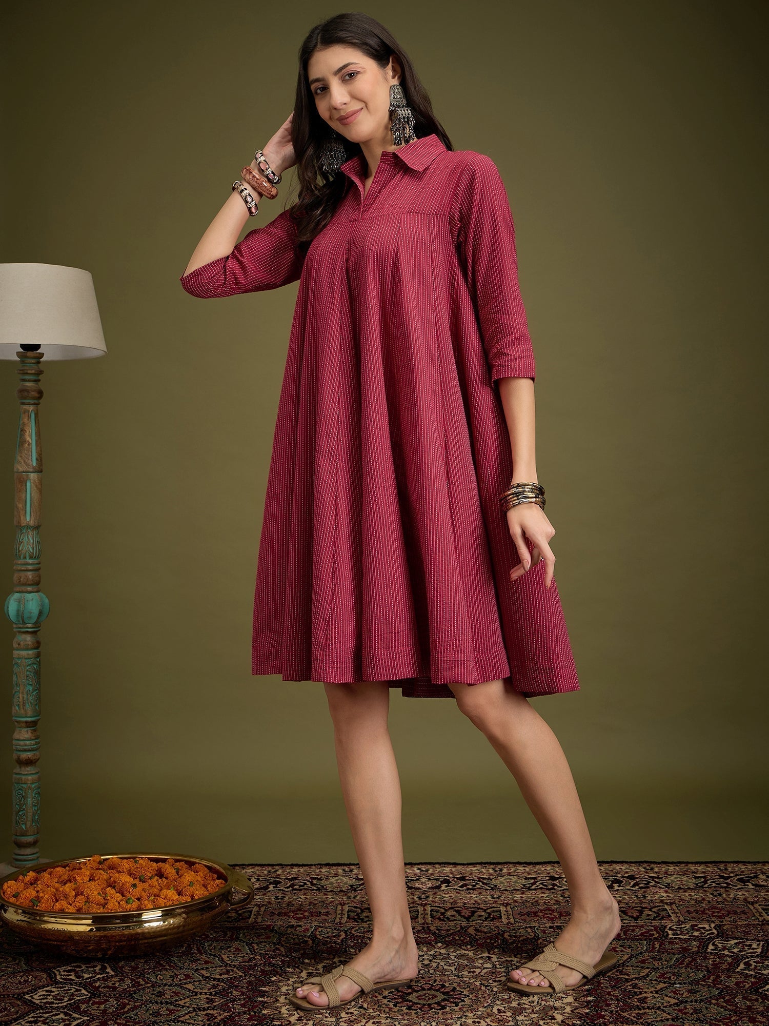 InWeave Maroon Kantha Collar Flared Dress 