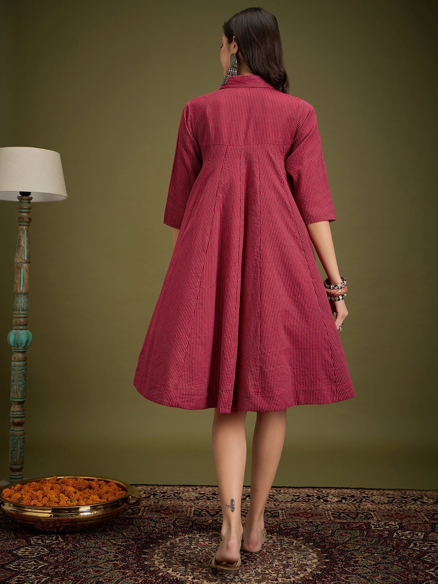 InWeave Maroon Kantha Collar Flared Dress 