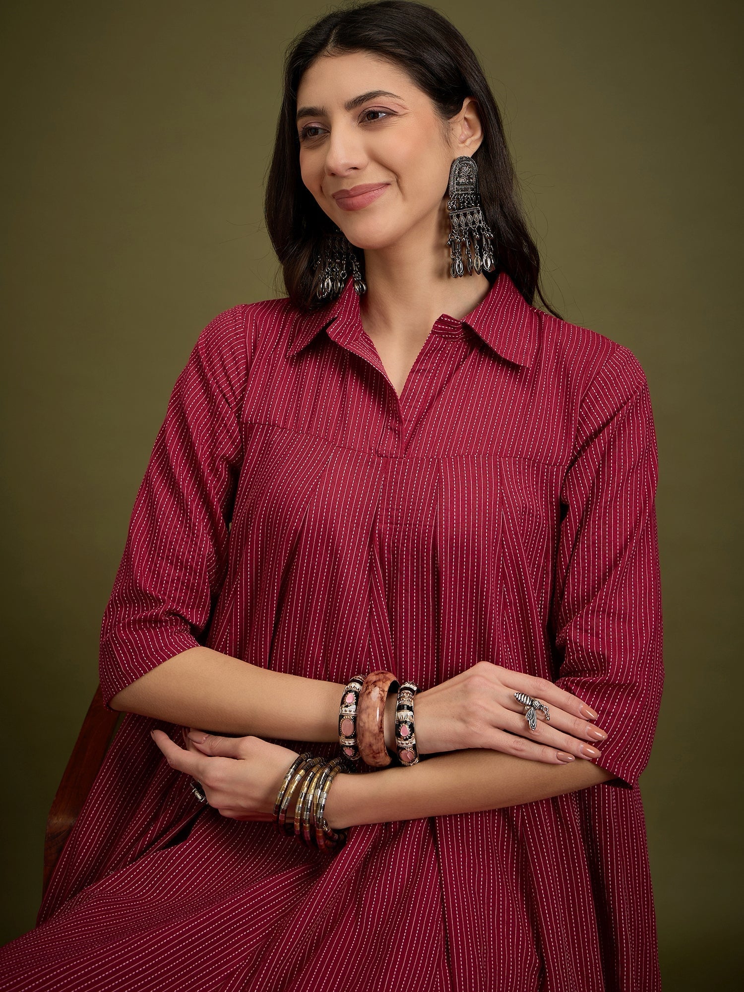 InWeave Maroon Kantha Collar Flared Dress 