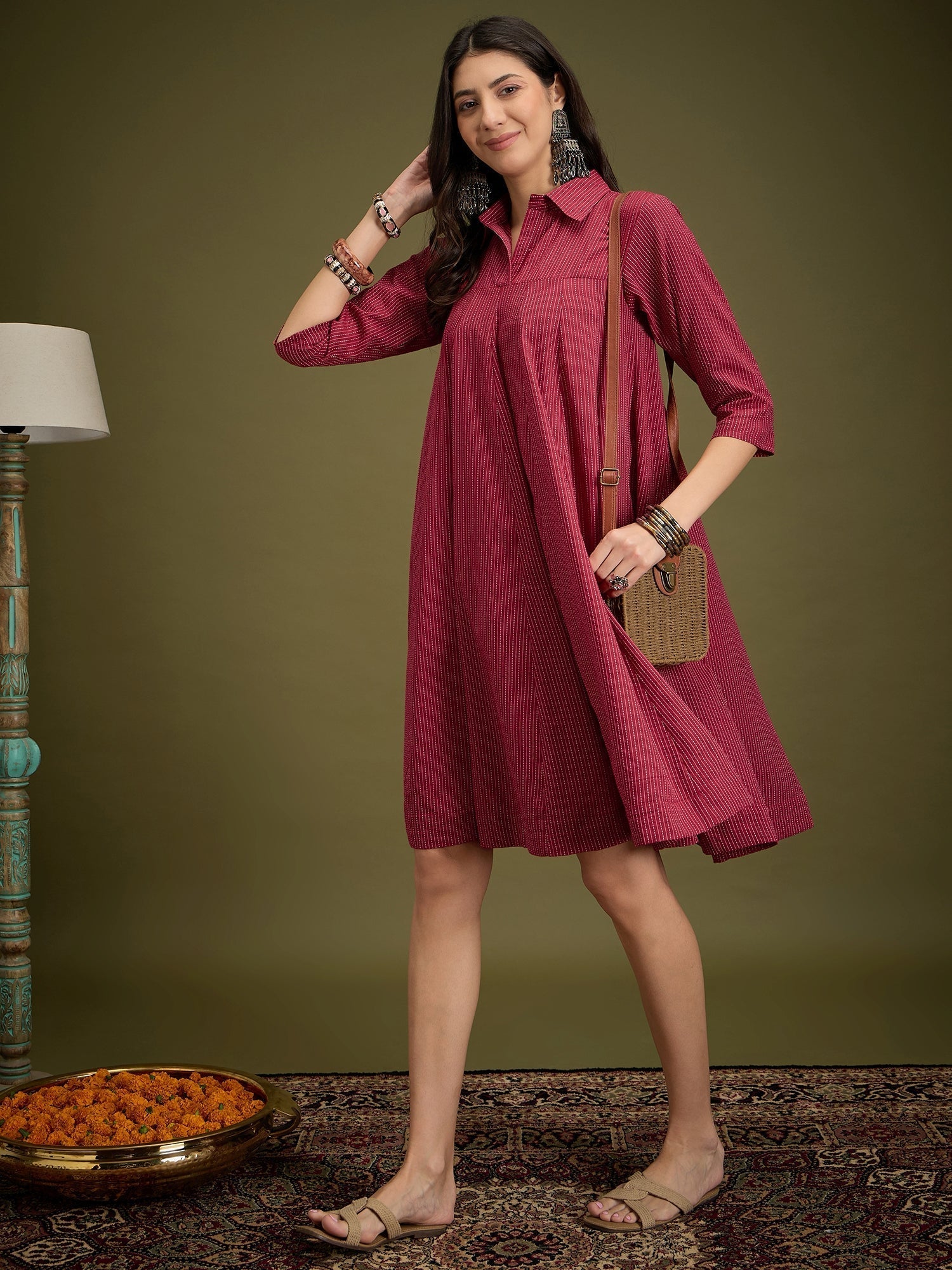 InWeave Maroon Kantha Collar Flared Dress 