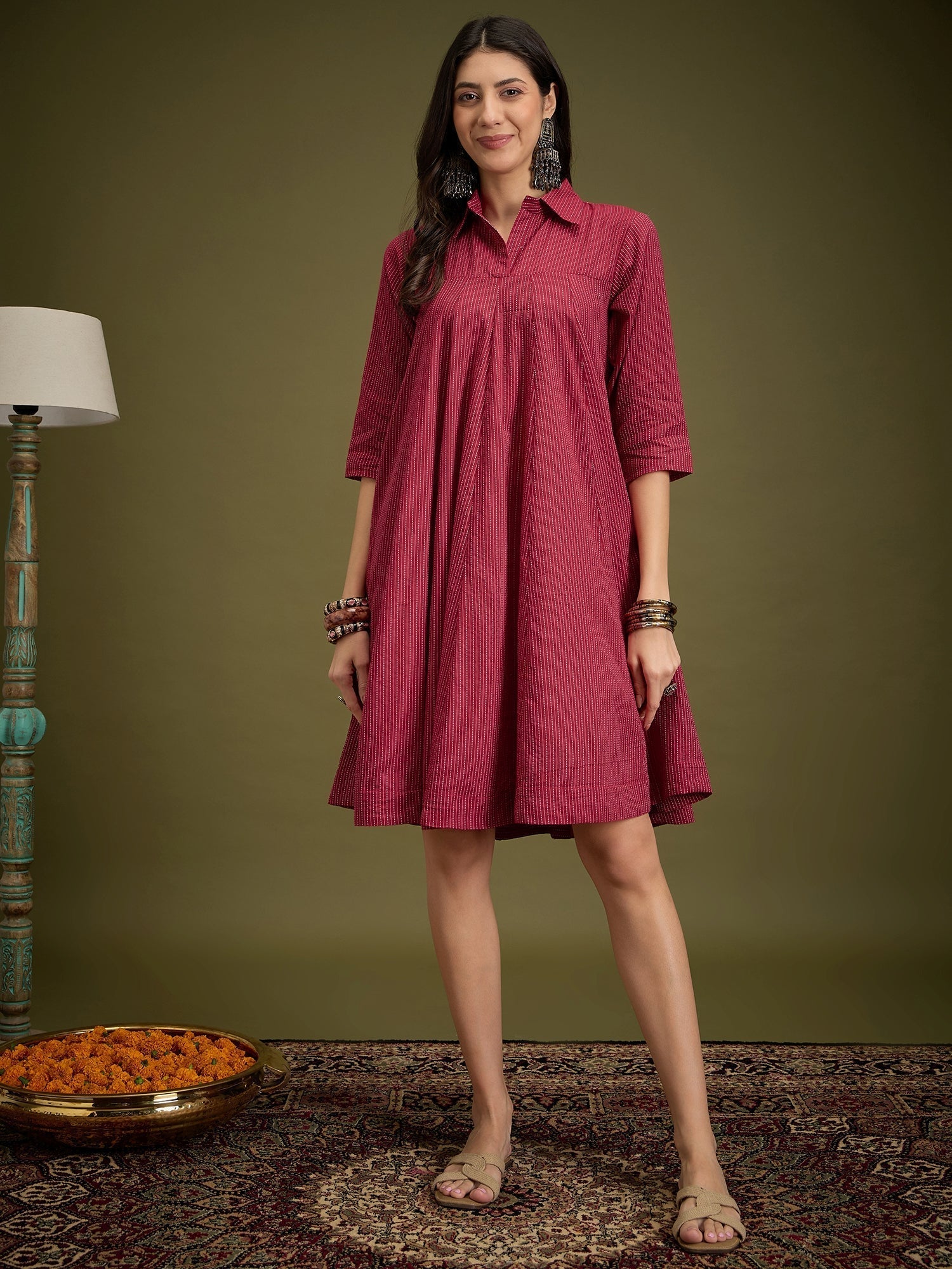 InWeave Maroon Kantha Collar Flared Dress 