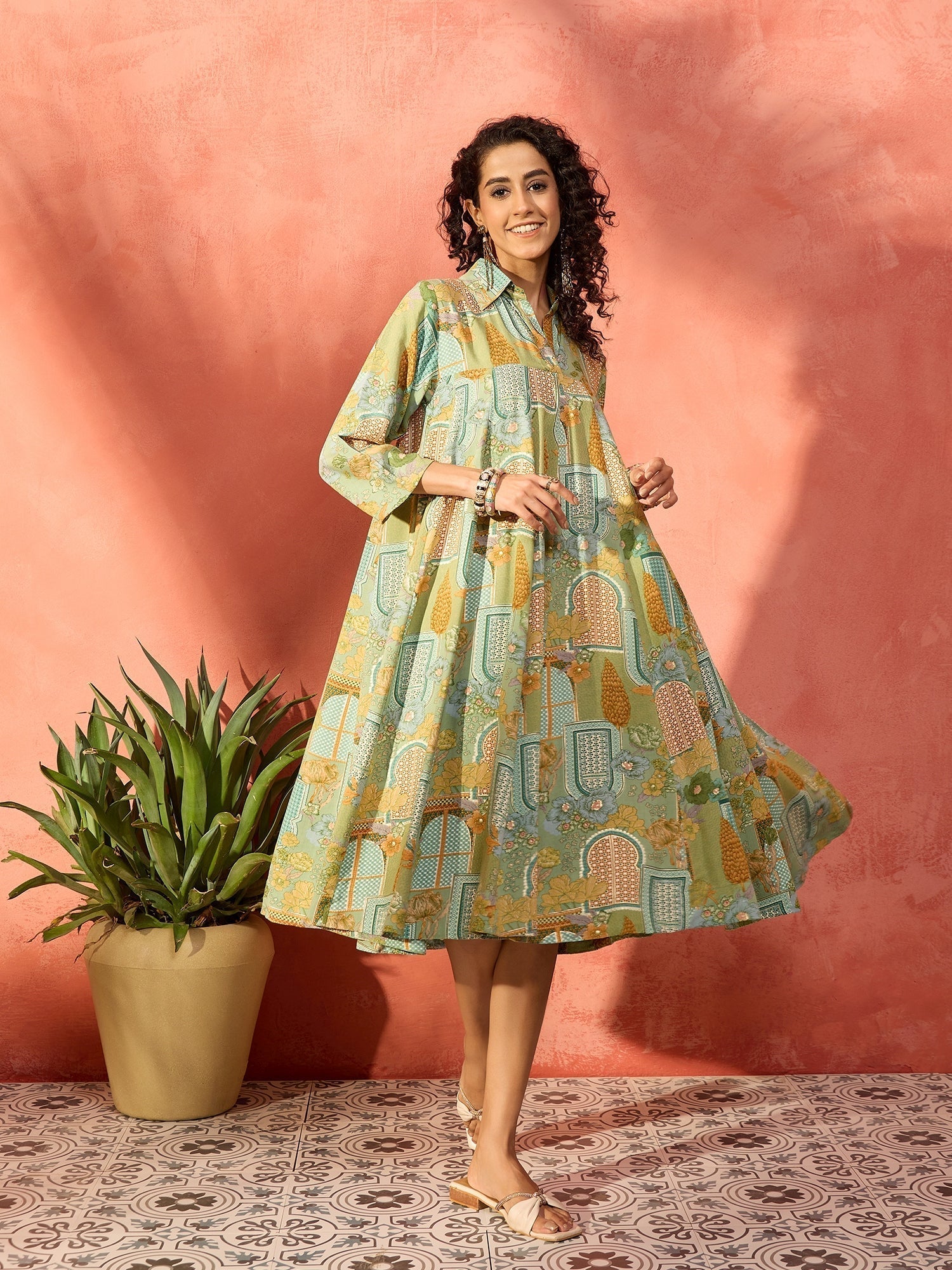InWeave Pear Green Window Floral Flared Collar Dress 