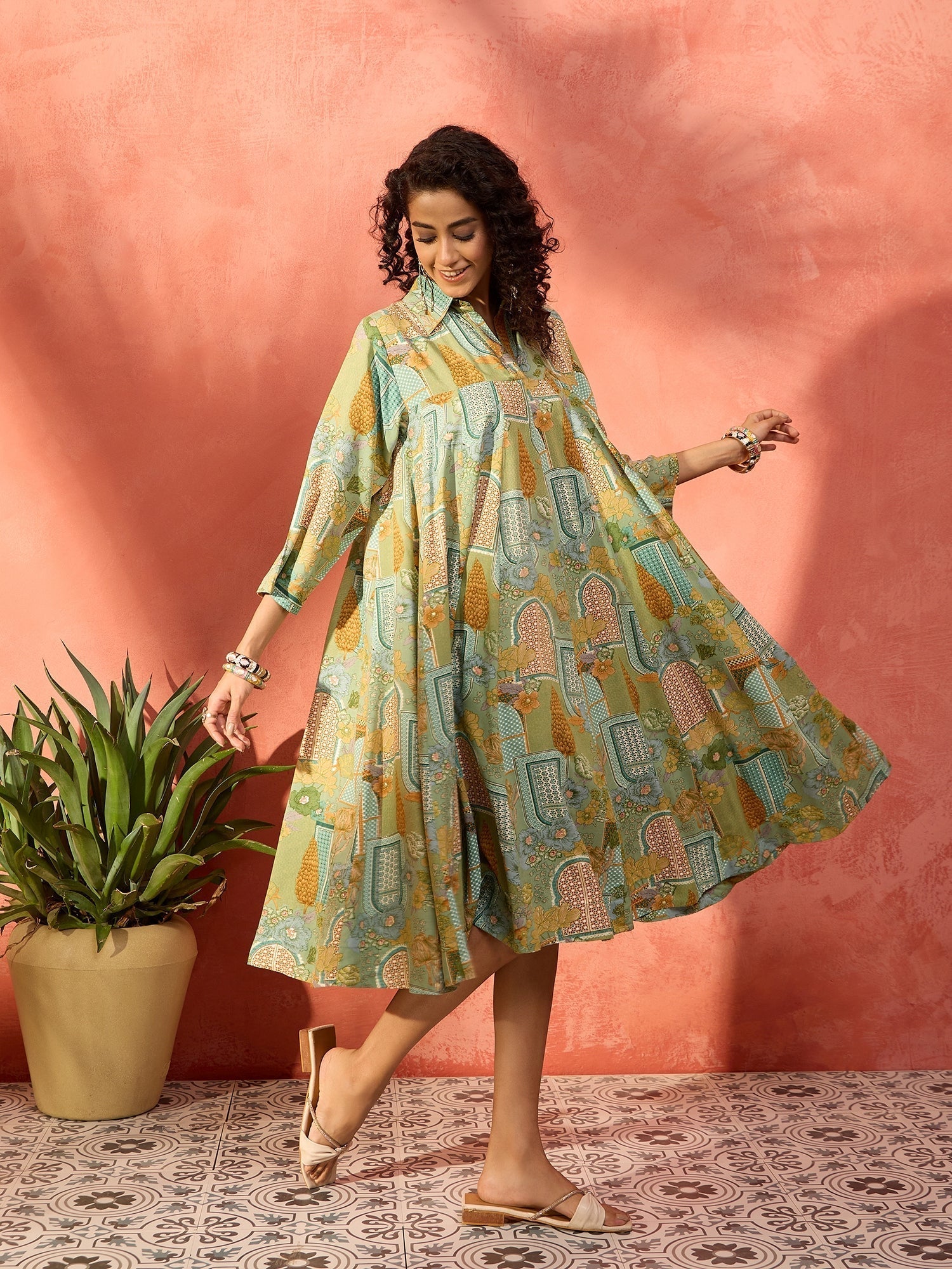 InWeave Pear Green Window Floral Flared Collar Dress 