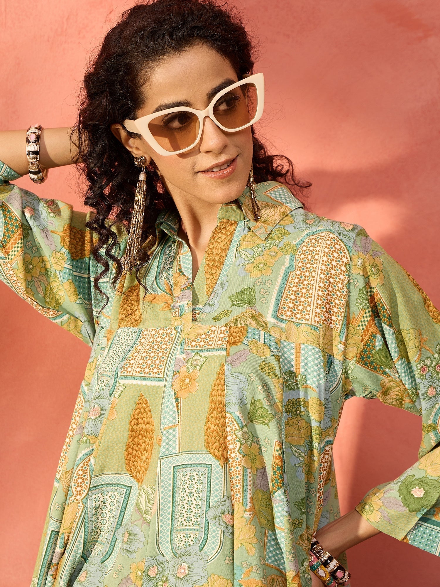 InWeave Pear Green Window Floral Flared Collar Dress 