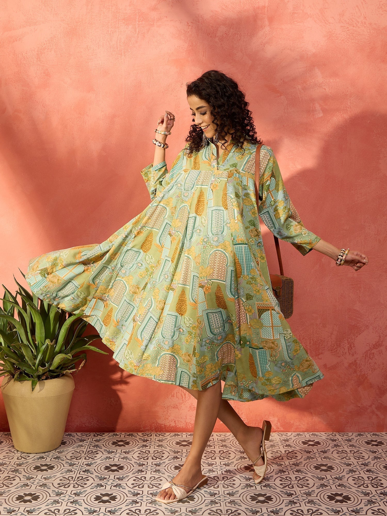 InWeave Pear Green Window Floral Flared Collar Dress 