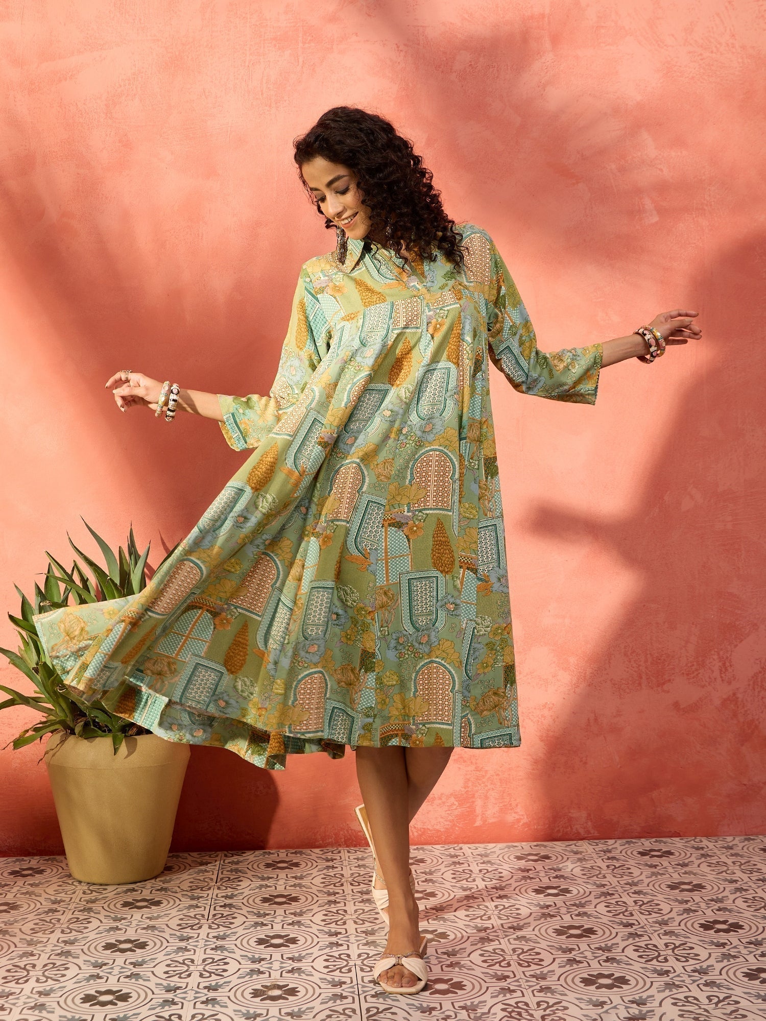 InWeave Pear Green Window Floral Flared Collar Dress 