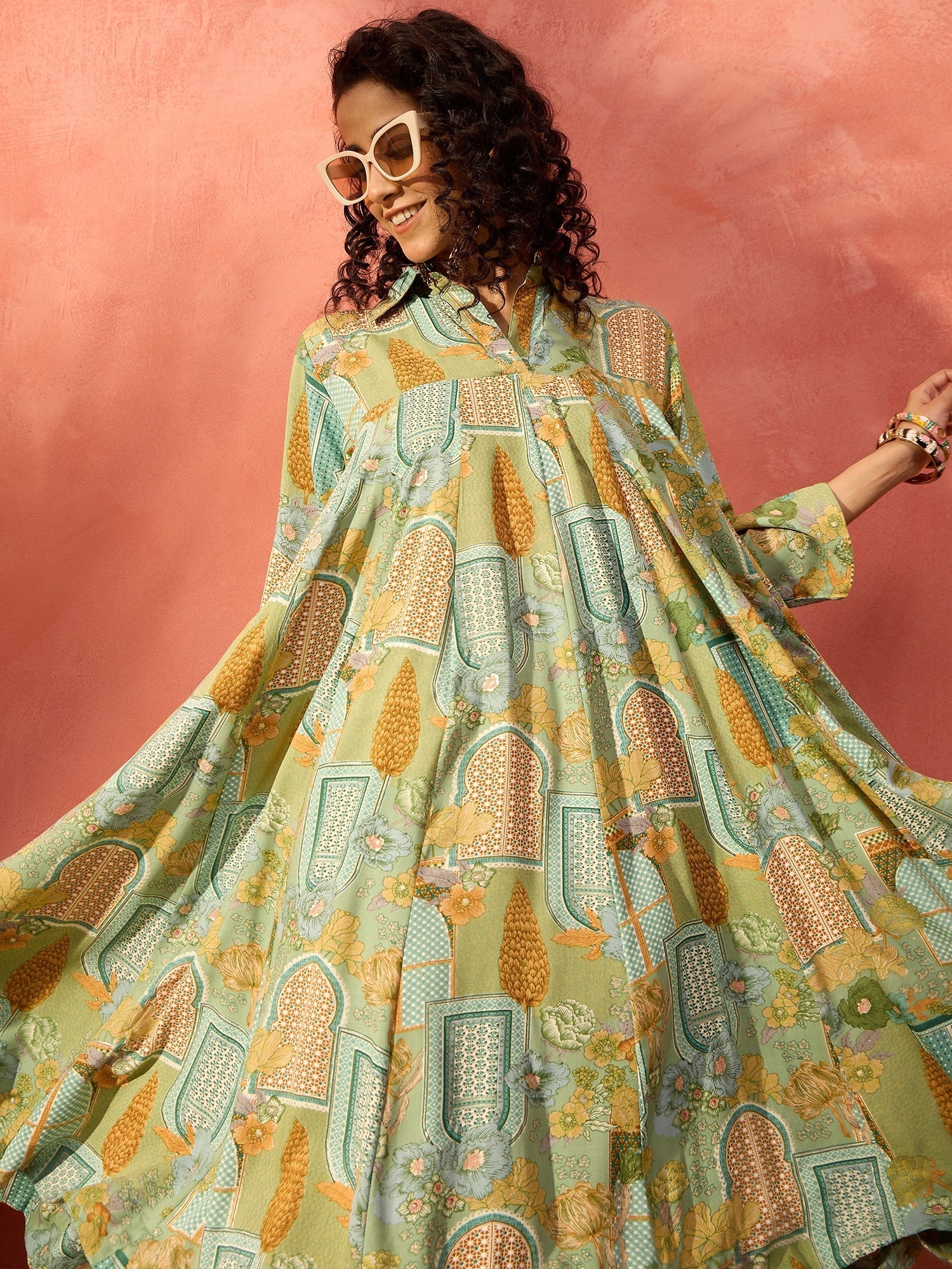 InWeave Pear Green Window Floral Flared Collar Dress 