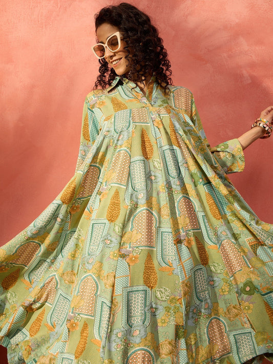 InWeave Pear Green Window Floral Flared Collar Dress 