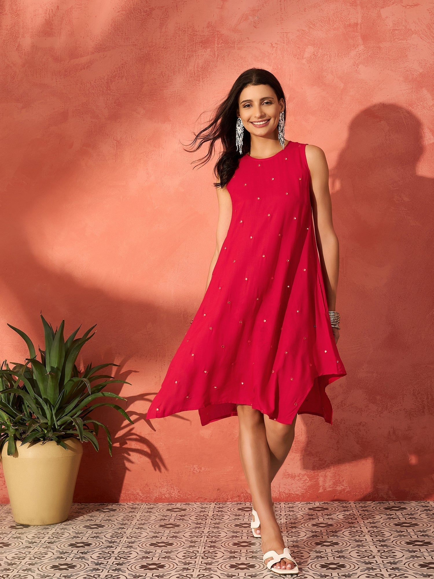 InWeave Red Mirror Work Round Neck W/S Dress 