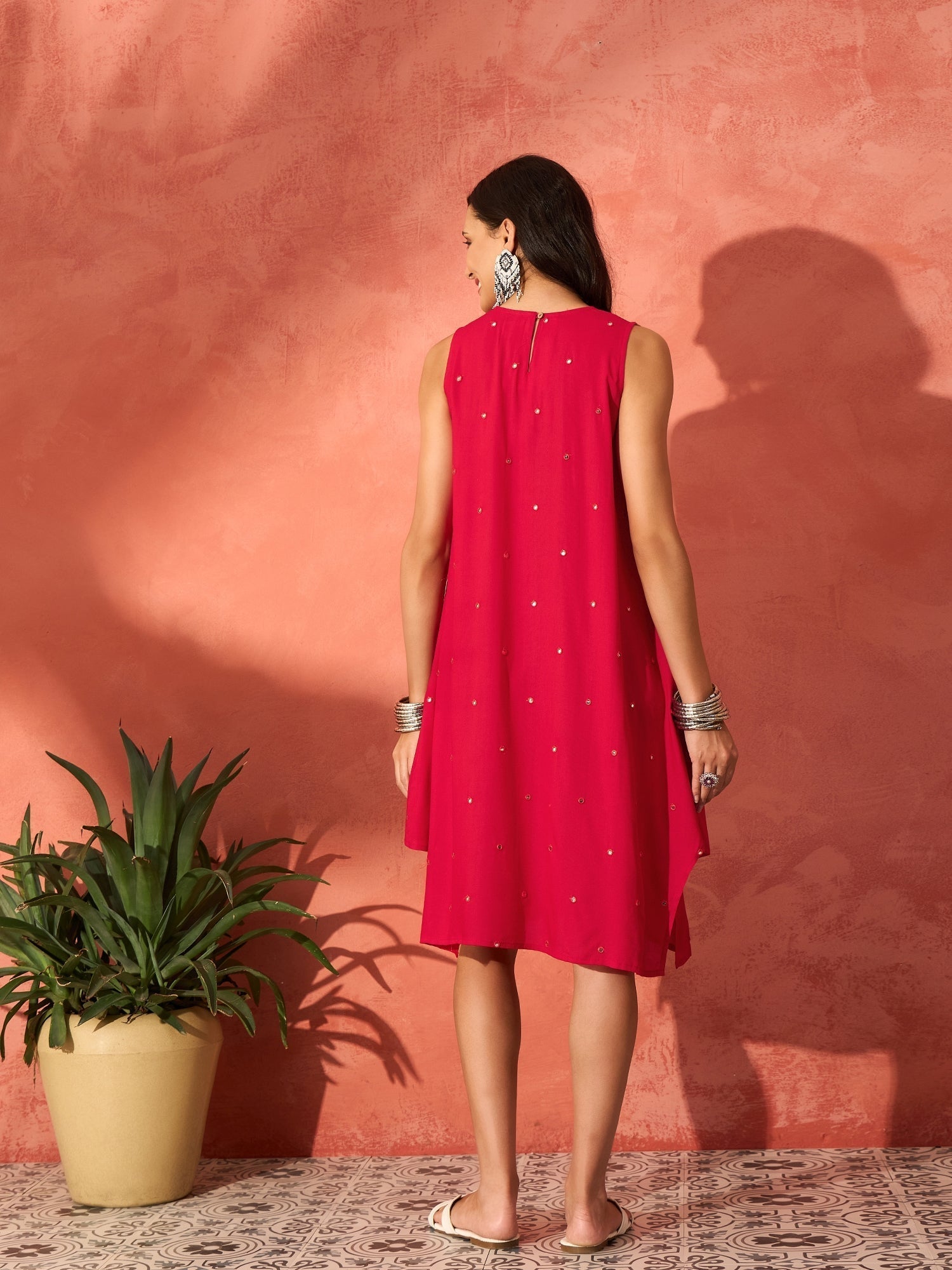 InWeave Red Mirror Work Round Neck W/S Dress 