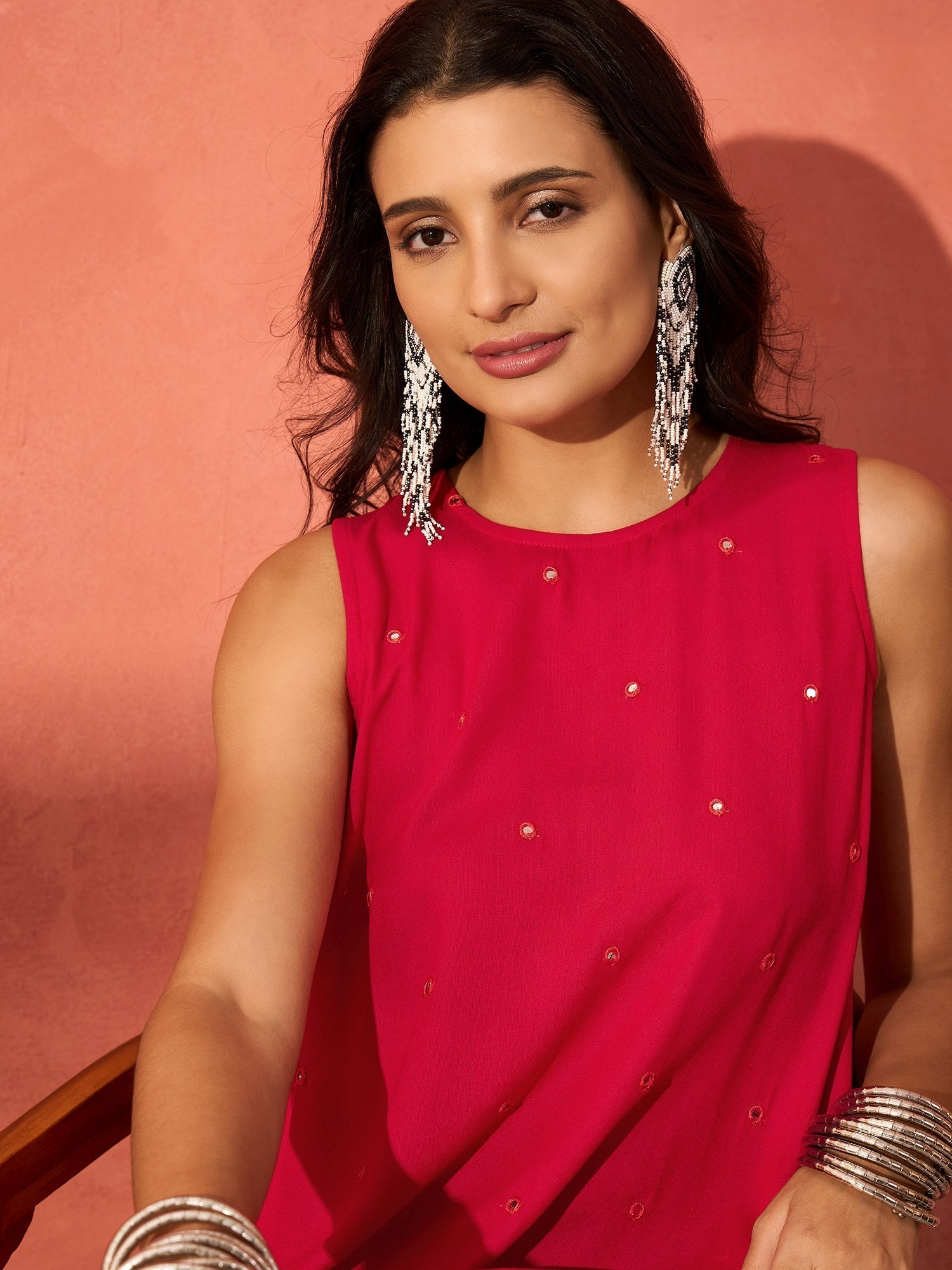 InWeave Red Mirror Work Round Neck W/S Dress 