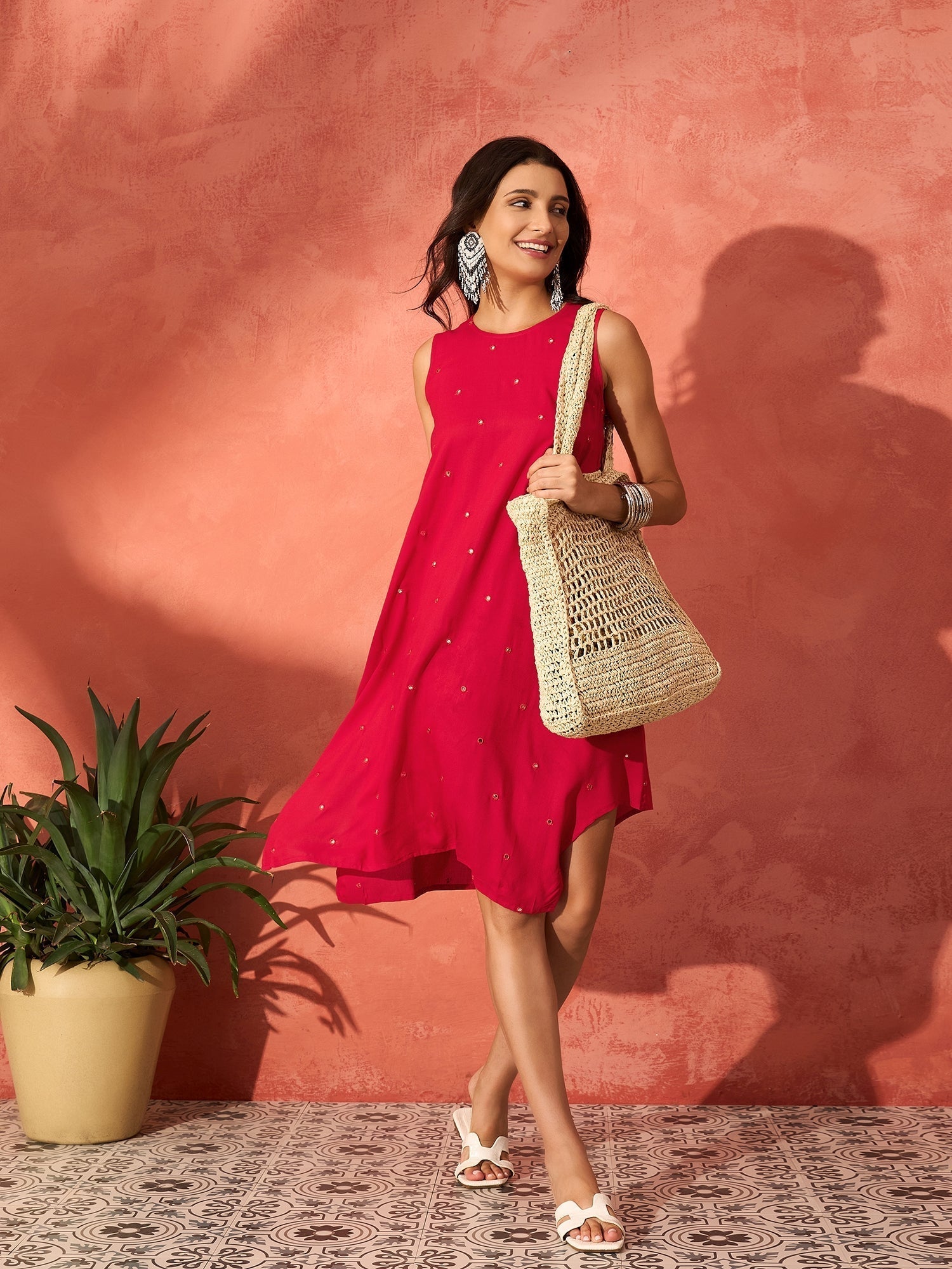 InWeave Red Mirror Work Round Neck W/S Dress 