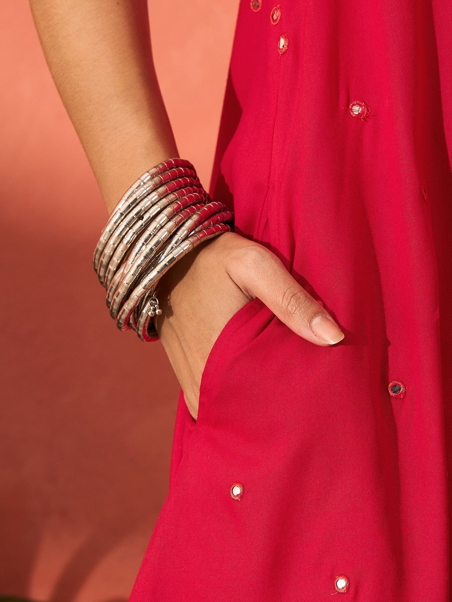InWeave Red Mirror Work Round Neck W/S Dress 