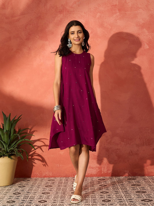 InWeave Wine Mirror Work Round Neck W/S Dress 