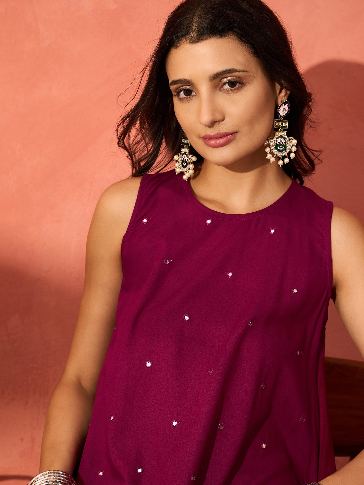 InWeave Wine Mirror Work Round Neck W/S Dress 