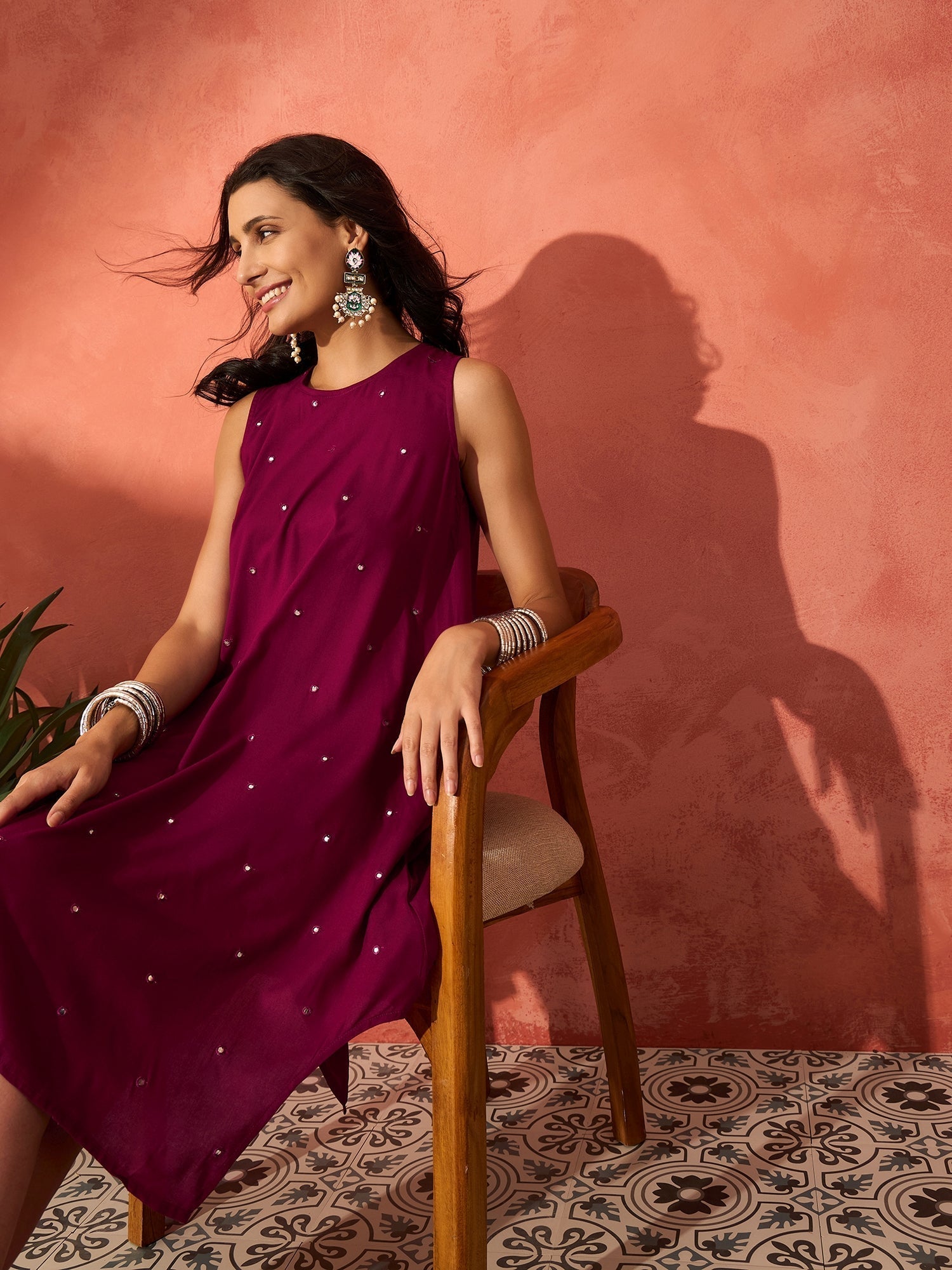 InWeave Wine Mirror Work Round Neck W/S Dress 