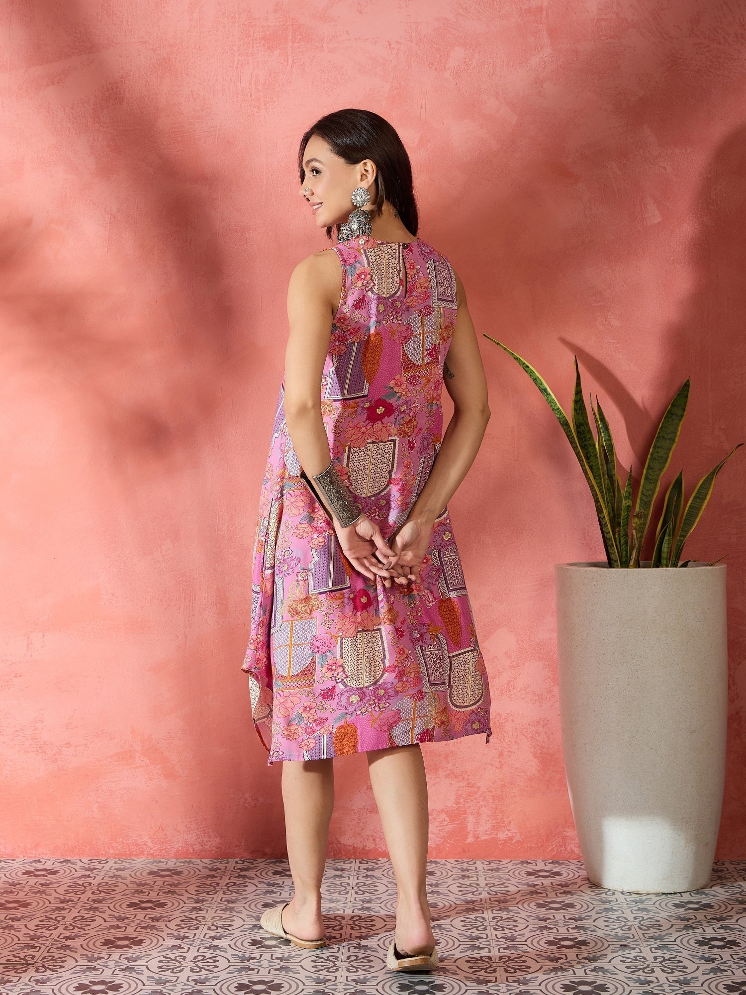 InWeave Pink Window Print R Neck Dress 
