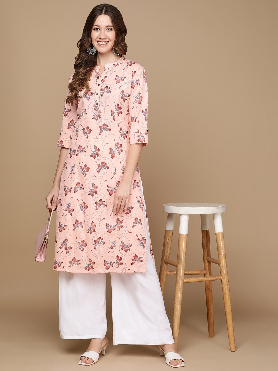 HERE&NOW Pink & Maroon Floral Printed Pure Cotton Kurta
