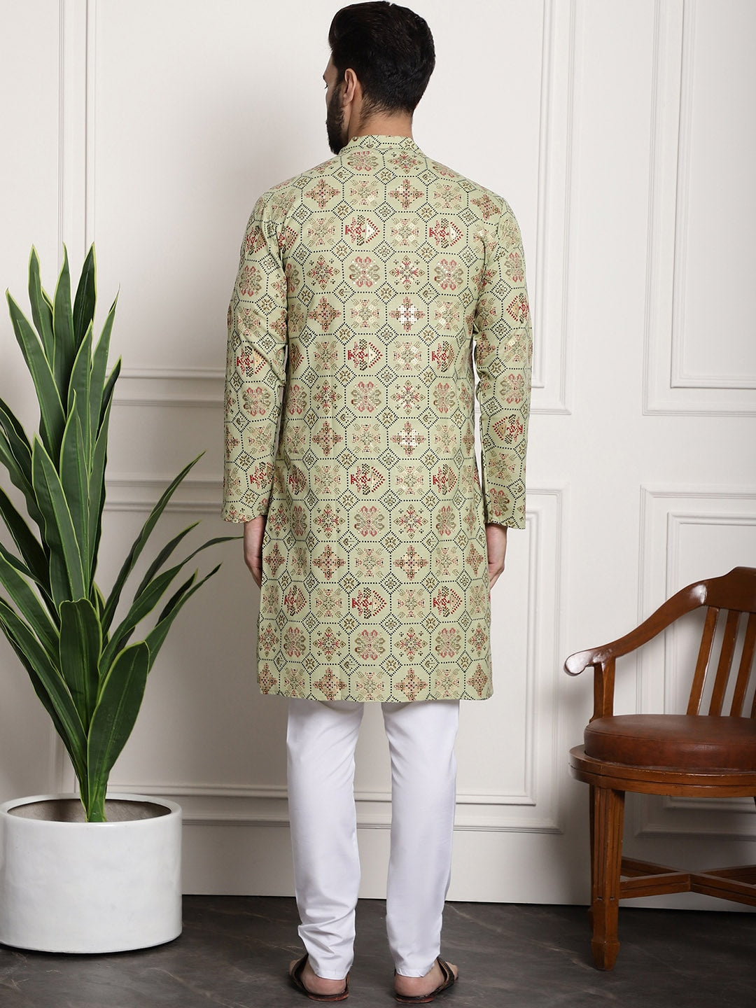 Sojanya Men Green Printed Cotton Linen Kurta with Churidar 