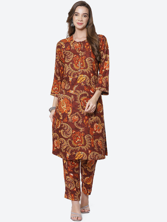Biba Women Brown Ethnic Motifs Printed Kurta with Trousers - Grab2buy