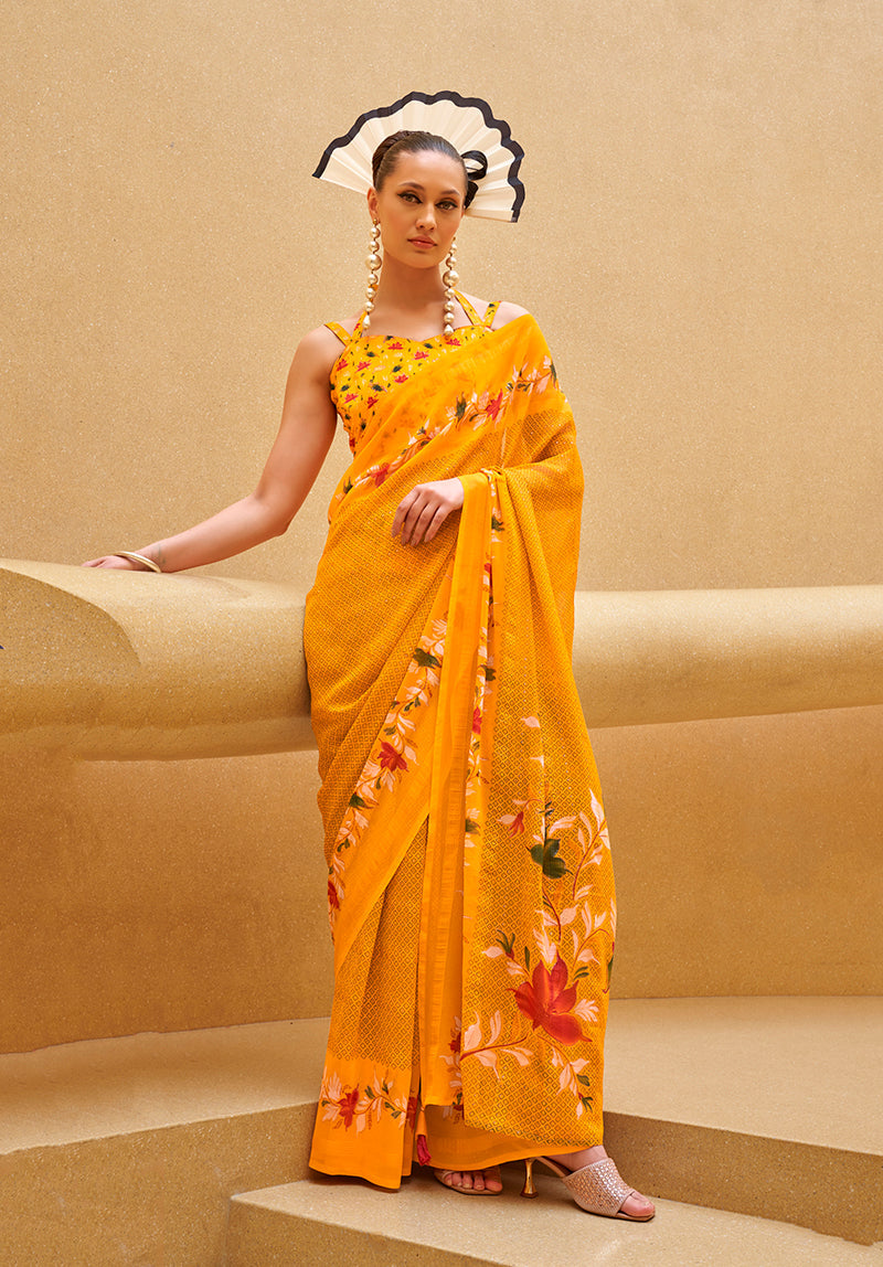 Monjolika Fashion Yellow Printed Georgette Contemporary Saree