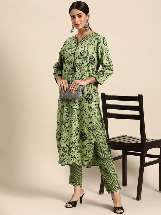 All About You Women Green Ethnic Motifs Printed Kurta with Trousers
