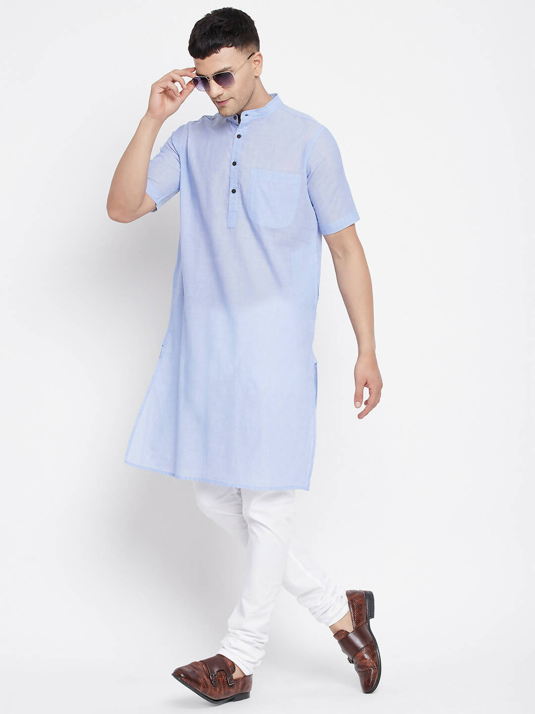 Even Apparels Blue Pure Cotton Men's H/S Kurta With Band Collar