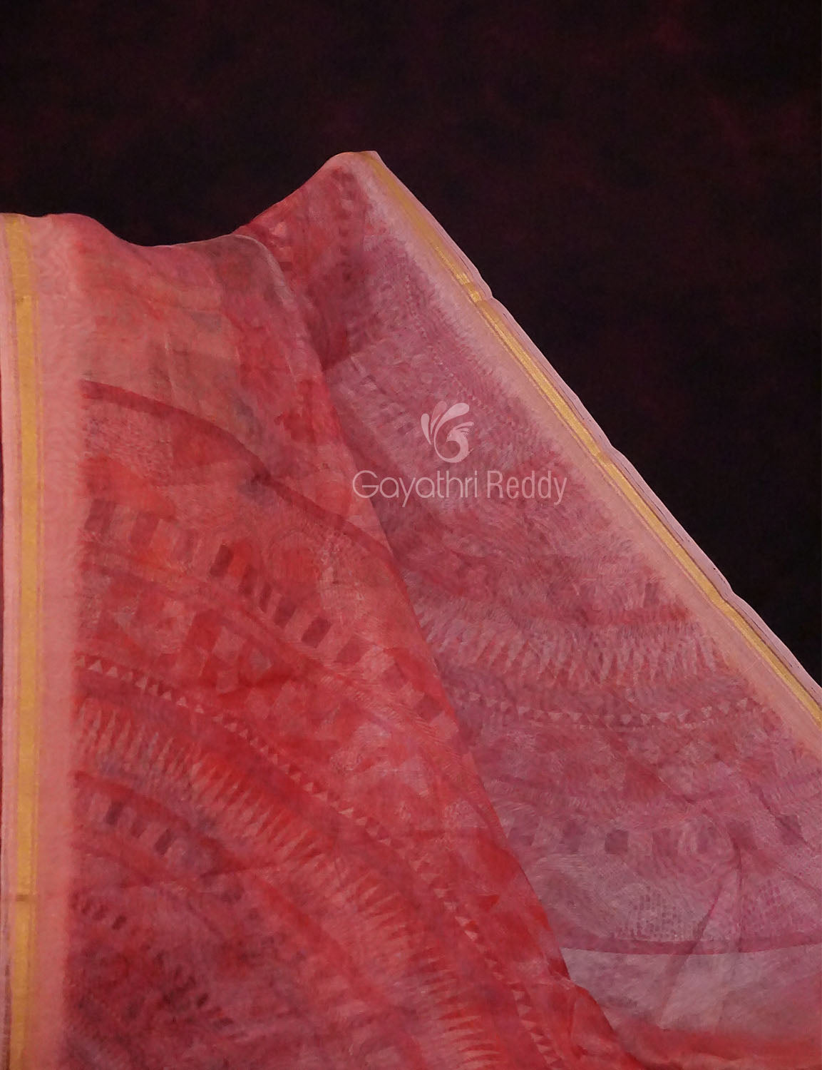 Peachish Orange Colour Abstract Print Semi Chanderi Grab2Buy By Gayathri Reddy Designer Studio 