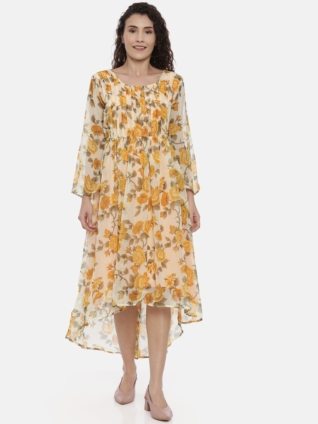 Souchii Women Cream-Coloured Floral Printed A-Line Dress 