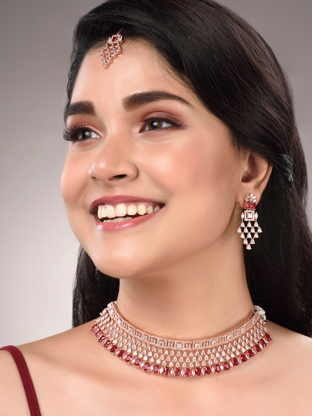 Saraf RS Jewellery Rose Gold-Plated & Red AD & CZ-Studded Contemporary Jewellery Set - Grab2buy