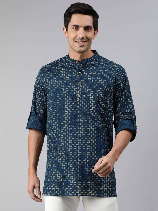 Janasya Men Navy Blue & Yellow Geometric Printed Kurta