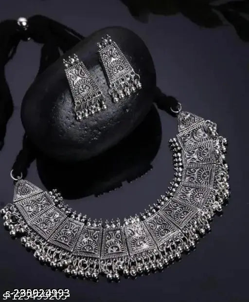Tehzeeb Creations Women's German Silver Oxidised Necklace And Earrings Set Tehzeeb Creations
