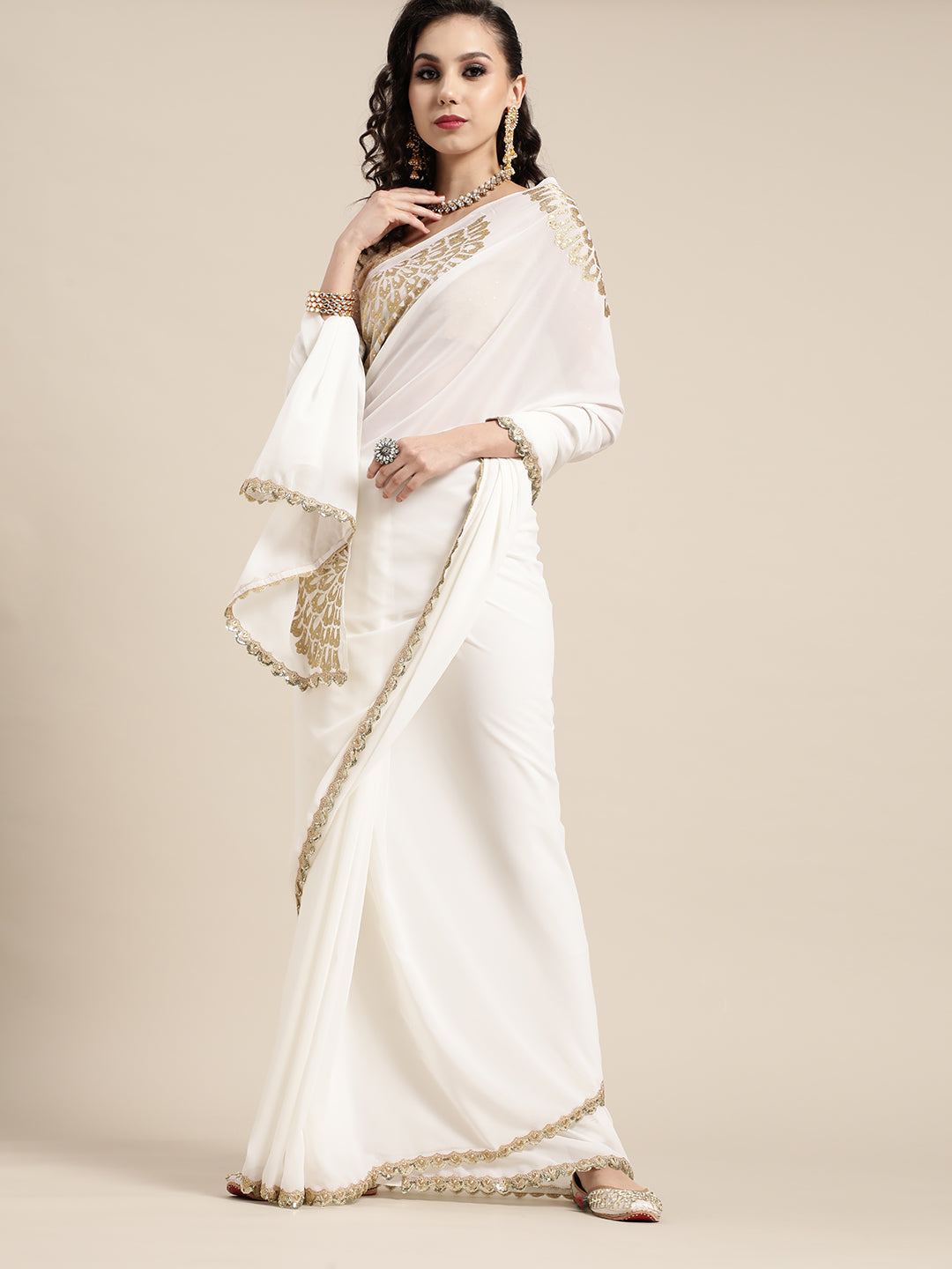 Saree Mall Off White & Golden Ethnic Motifs Saree