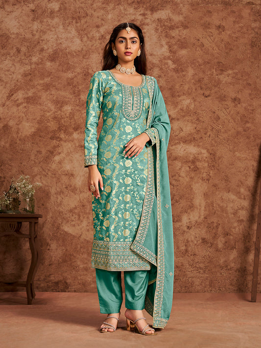 Monjolika Fashion Turquoise Color Embroidered Santoon Silk Salwar Suit