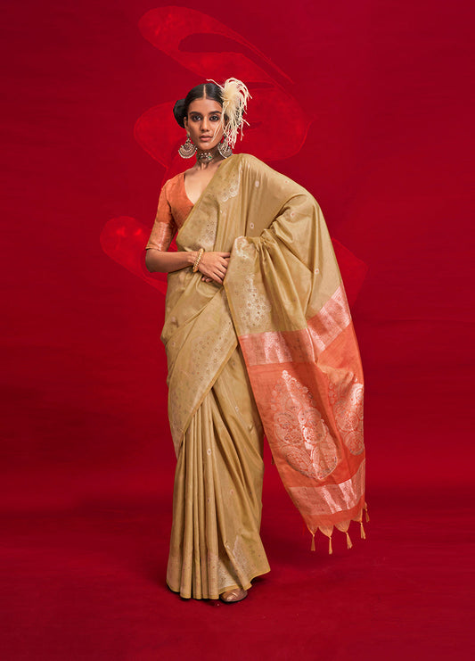 Monjolika Fashion Beige Color Weaving Silk Traditional Saree For Classic Look