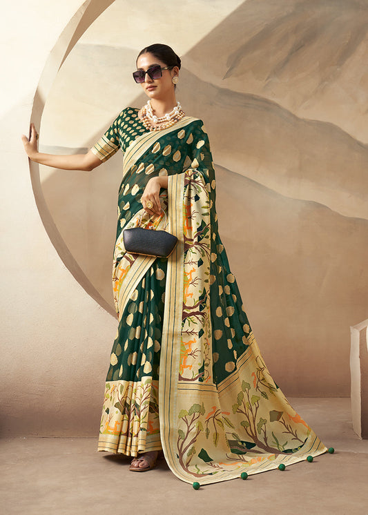 Monjolika Fashion Dark Green Georgette Weaving Zari Printed Classic Saree