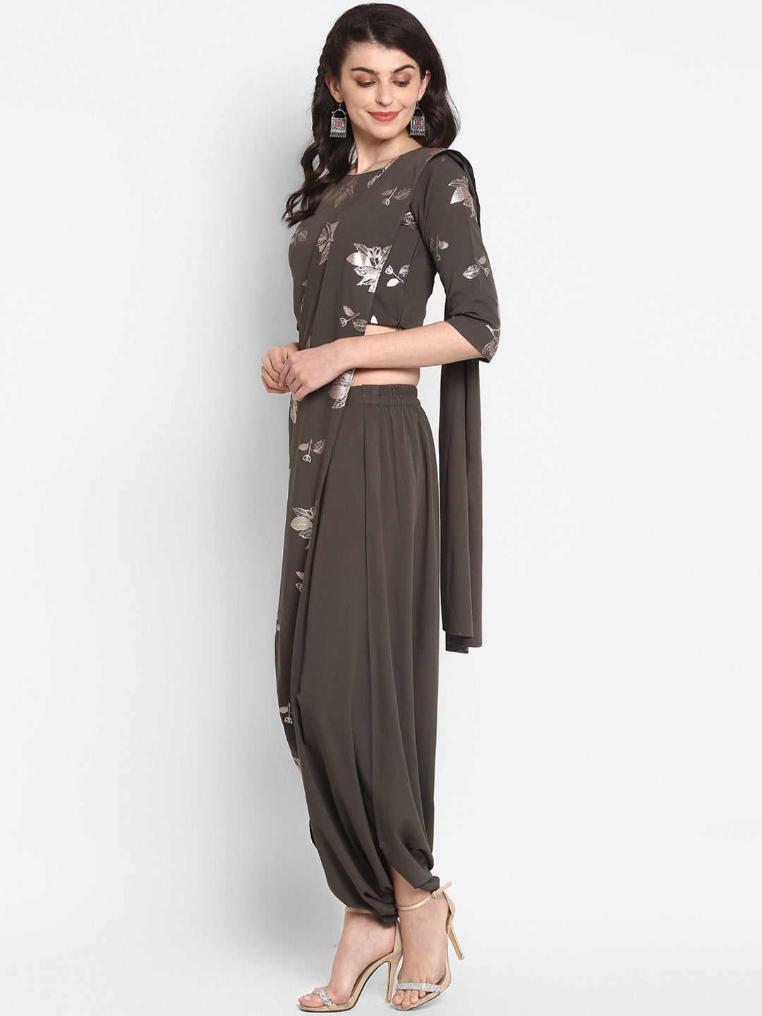 Janasya Women Grey & Silver Floral Print Top with Dhoti Pants & Dupatta