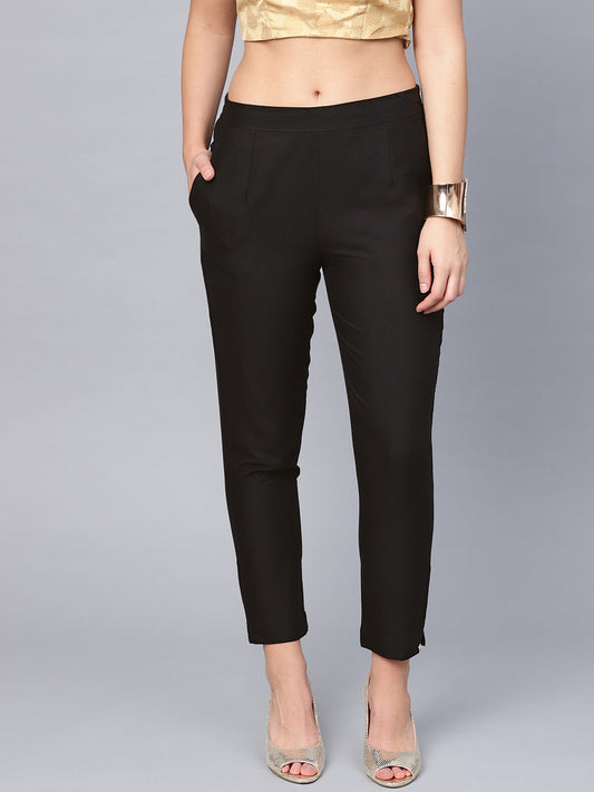 Juniper Women Black Cotton Flex Solid Slim Fit Pant/Slim Pant 
