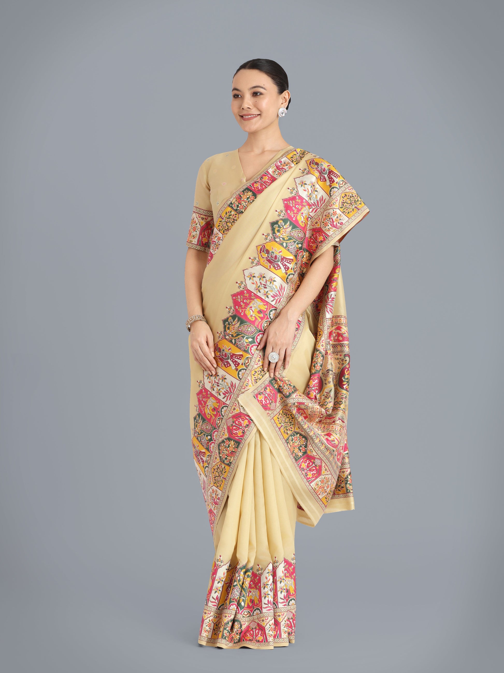 Monjolika Fashion Pashmina Silk Beige Gold Zari Woven Saree?