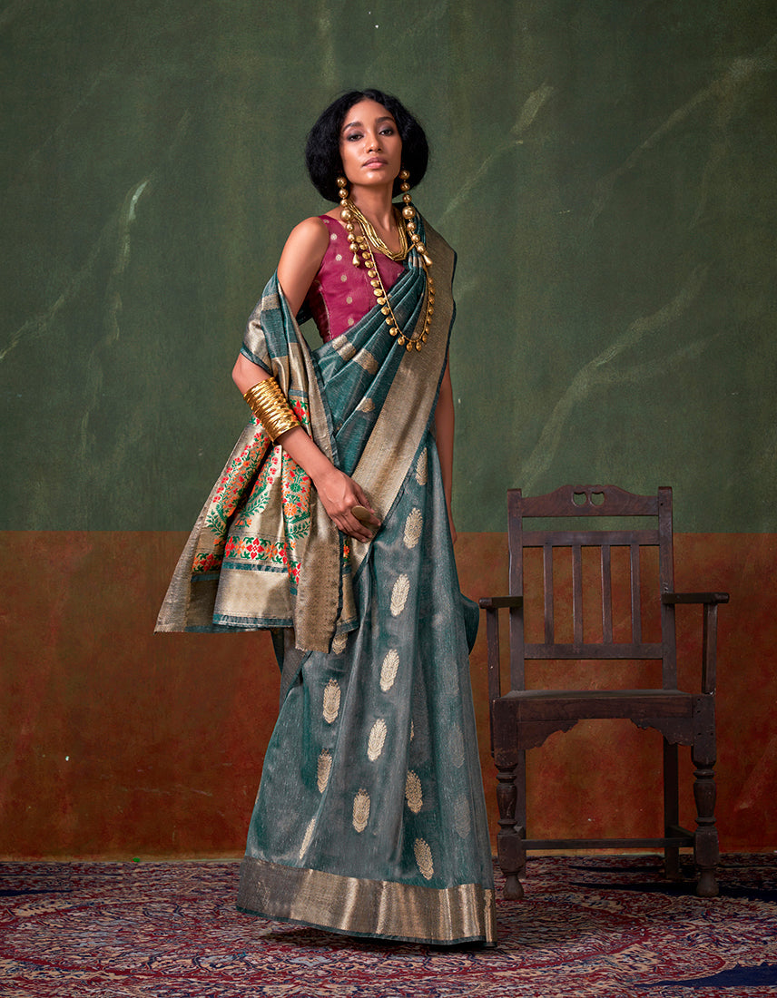 Monjolika Fashion Weaving Zari Tissue Silk Designer Saree In Blue