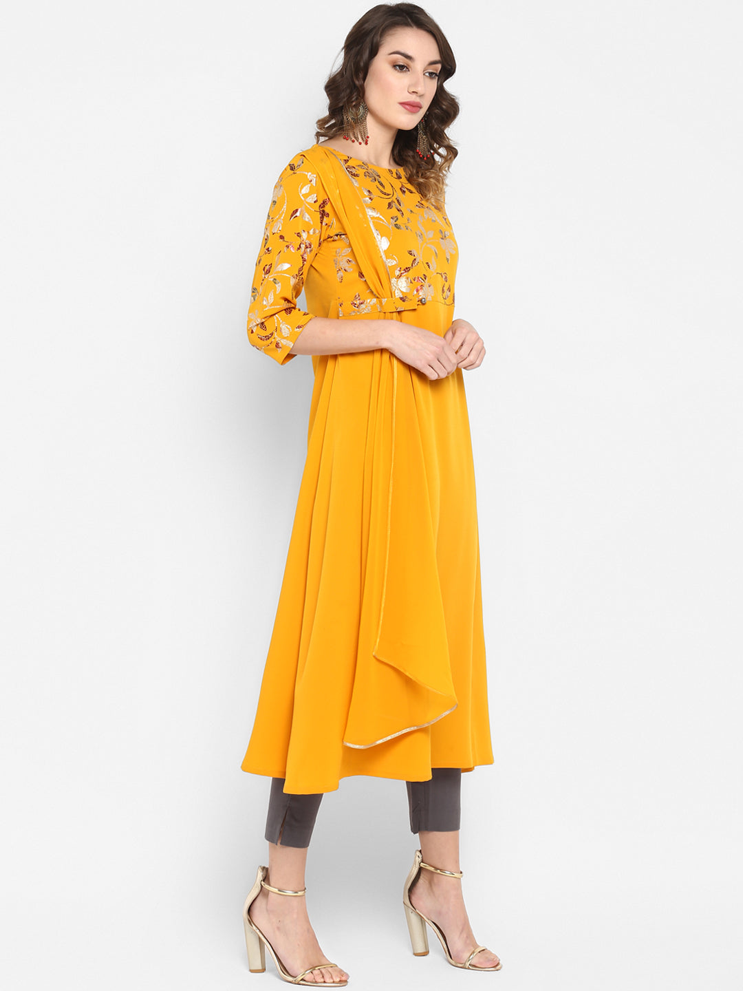 Janasya Women Mustard Yellow Printed A-Line Kurta
