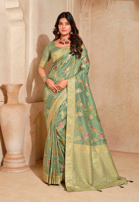 Monjolika Fashion Sea Green Color Weaving Silk Classic Saree