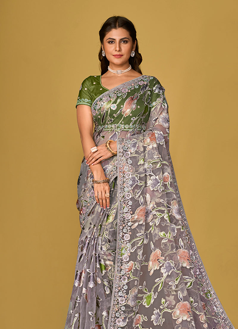 Monjolika Fashion Grey Color Organza Brasso With Beautiful Printed Saree