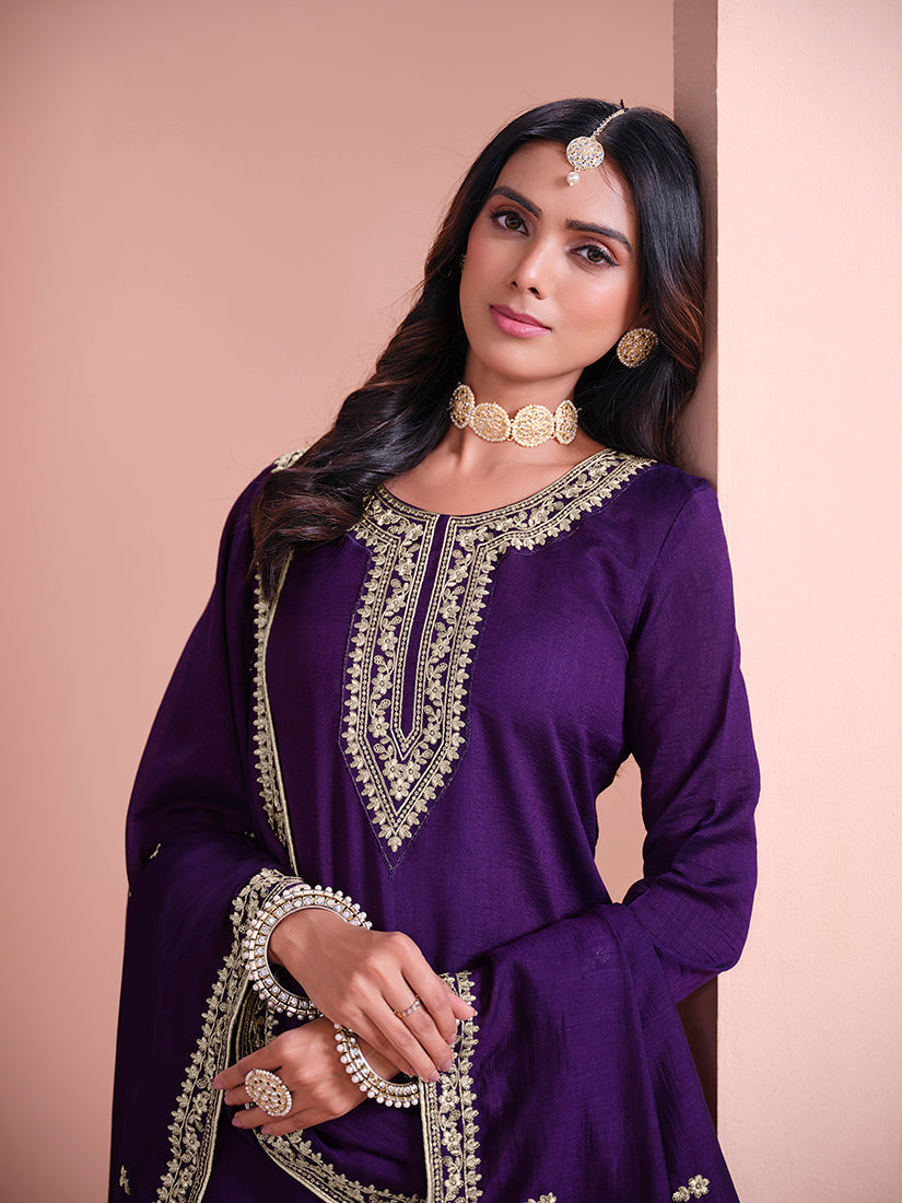 Monjolika Fashion Dark-Purple Color Embroidered Santoon Art Silk Salwar Suit