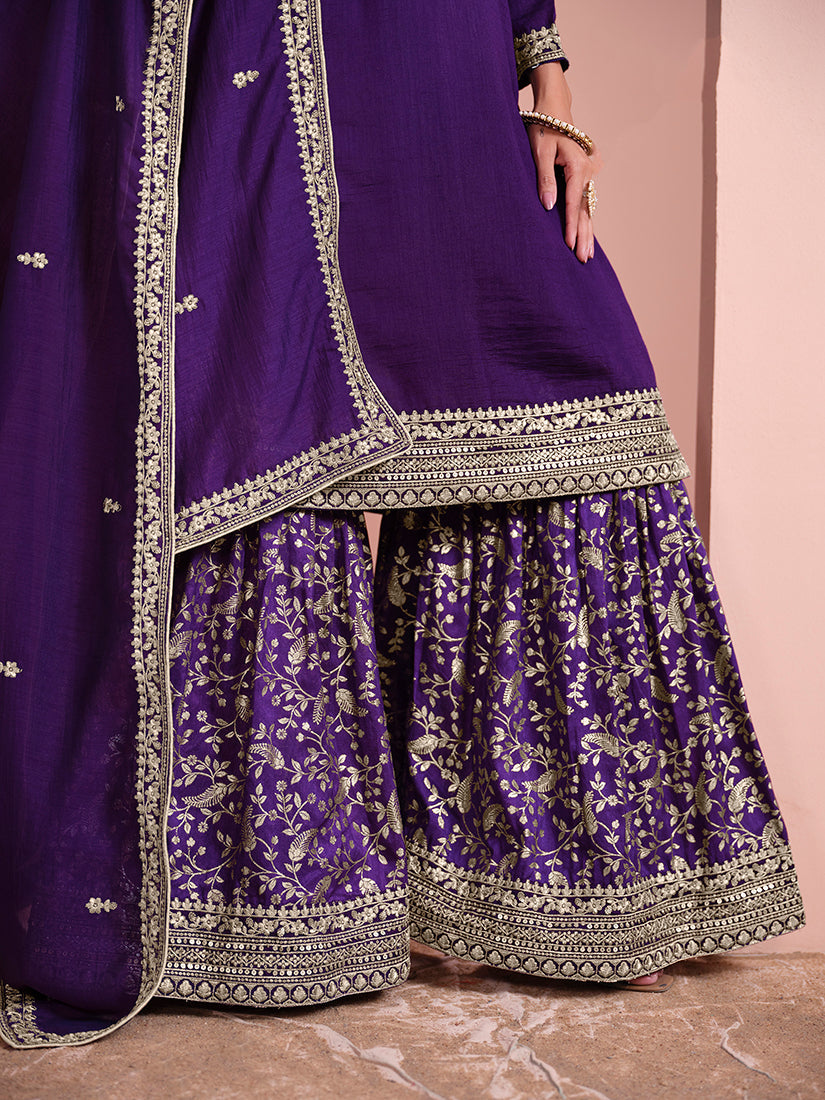 Monjolika Fashion Dark-Purple Color Embroidered Santoon Art Silk Salwar Suit