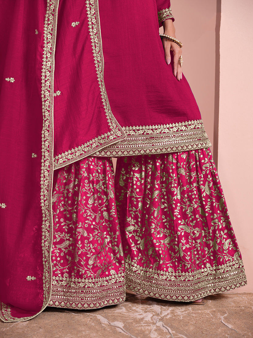 Monjolika Fashion Rani-Pink Color Embroidered Santoon Art Silk Salwar Suit