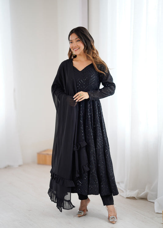 Lorenvalley Fashion Black Faux Georgette Lucknowi Sequence Work Anarkali Kurta Pant With Dupatta Set