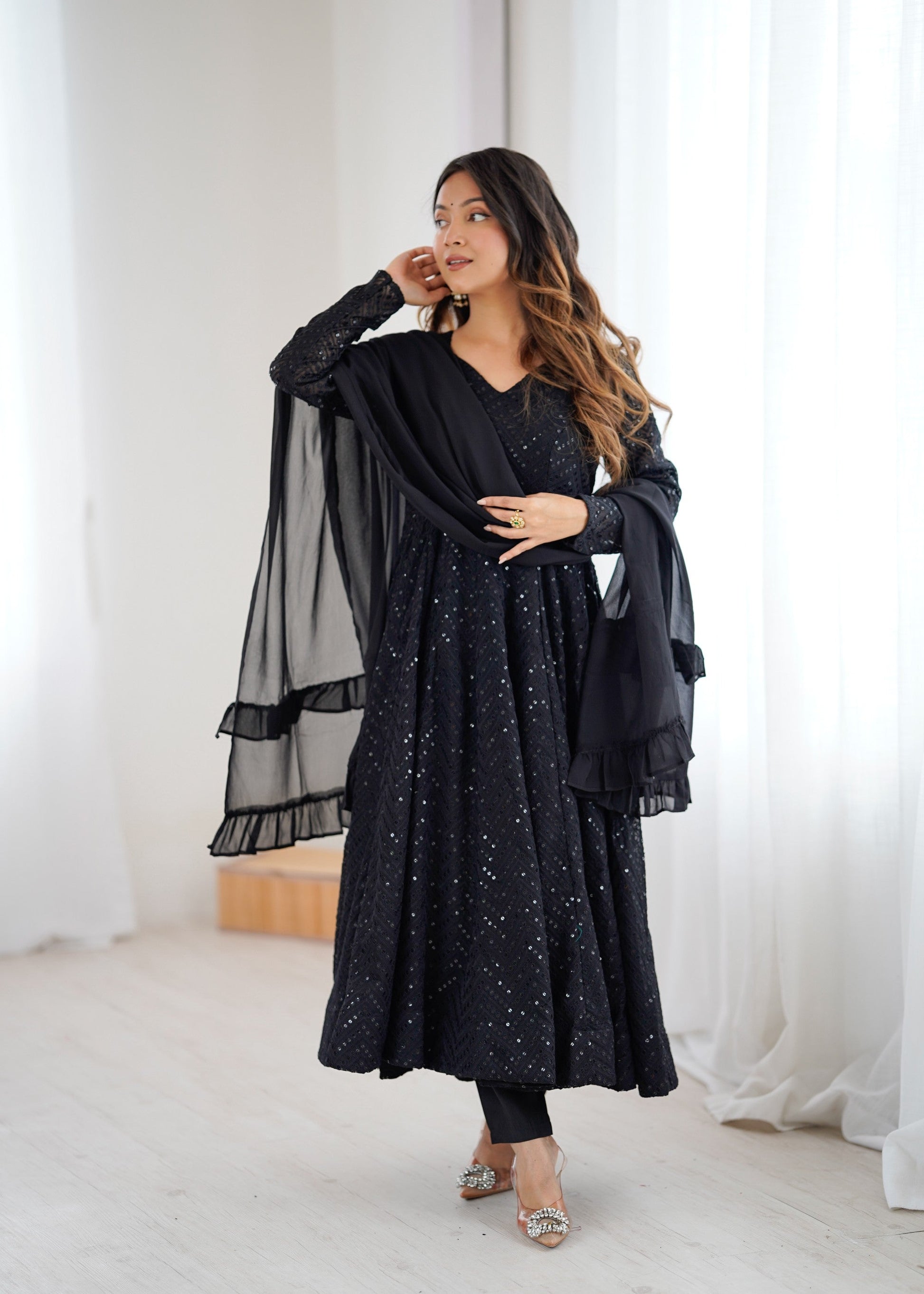 Lorenvalley Fashion Black Faux Georgette Lucknowi Sequence Work Anarkali Kurta Pant With Dupatta Set