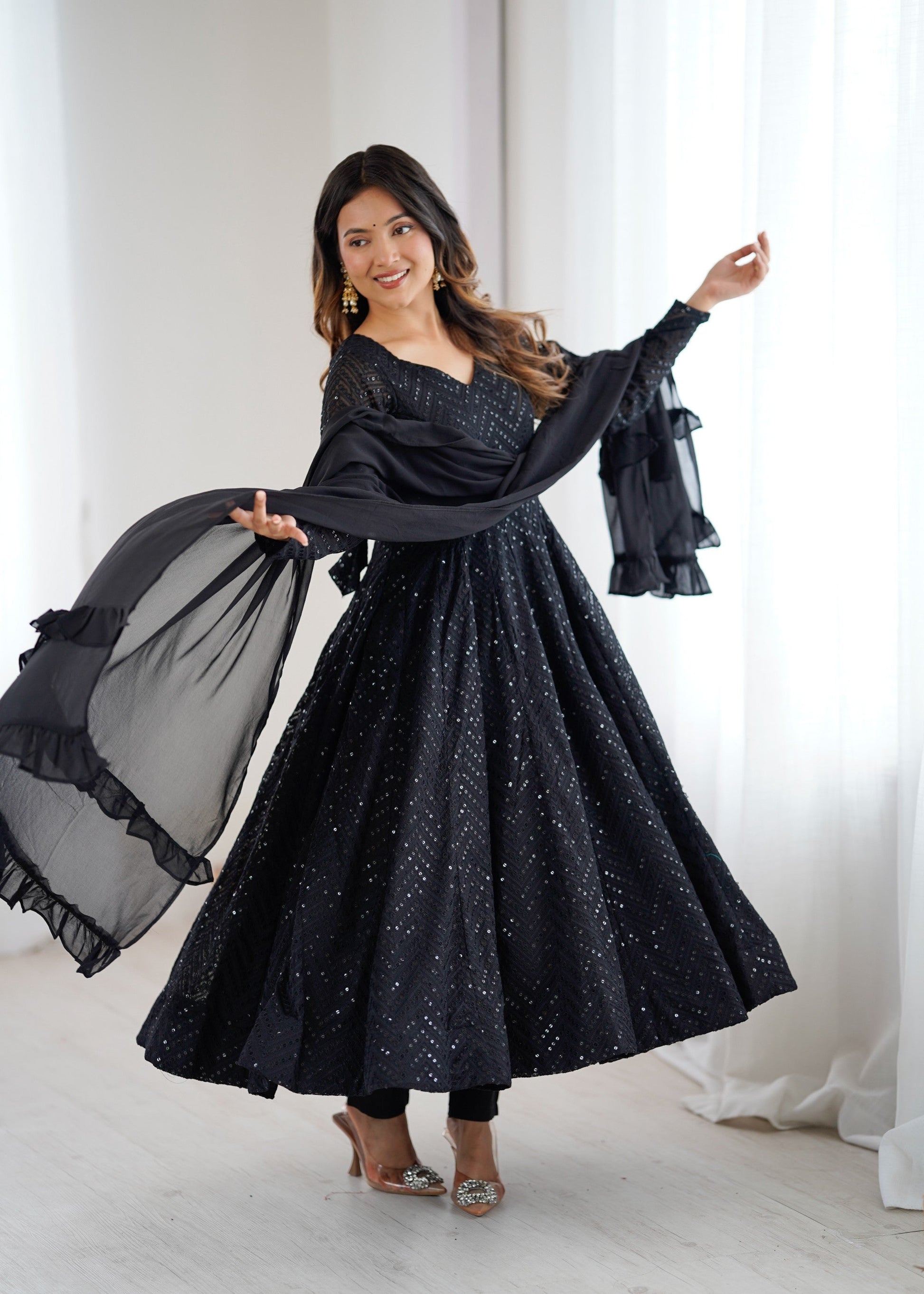 Lorenvalley Fashion Black Faux Georgette Lucknowi Sequence Work Anarkali Kurta Pant With Dupatta Set